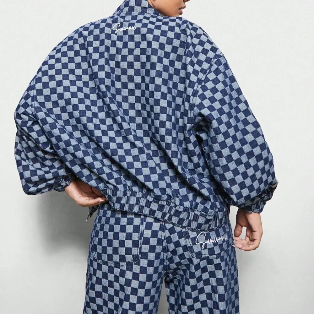 Blue Casual Women's Denim Checkboard Bomber Zip Through Jacket